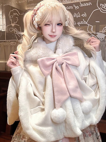 スイートロリータケープ、リボン付きウサギ耳付きプレミアムラビットファーマント、暖かくてかわいいアウターウェア