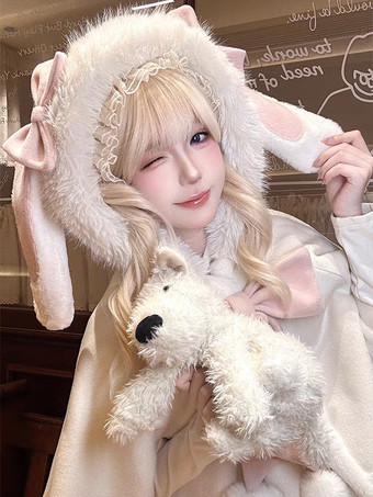 スイートロリータケープ、リボン付きウサギ耳付きプレミアムラビットファーマント、暖かくてかわいいアウターウェア