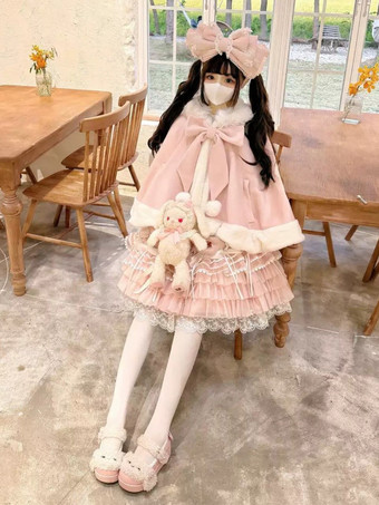 スイートロリータケープ、リボン付きウサギ耳付きプレミアムラビットファーマント、暖かくてかわいいアウターウェア