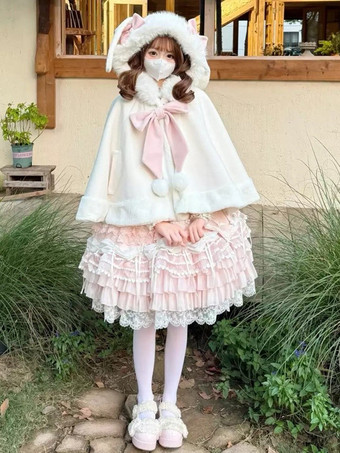 スイートロリータケープ、リボン付きウサギ耳付きプレミアムラビットファーマント、暖かくてかわいいアウターウェア
