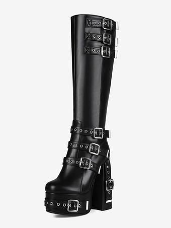 メンズセクシーブラックブーツ スタッズ付きボタンアップニーハイプラットフォームヒールシューズ パンクファッション