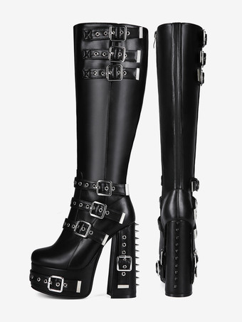 メンズセクシーブラックブーツ スタッズ付きボタンアップニーハイプラットフォームヒールシューズ パンクファッション