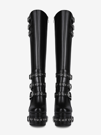 メンズセクシーブラックブーツ スタッズ付きボタンアップニーハイプラットフォームヒールシューズ パンクファッション