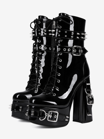 ブラック メンズ セクシー ブラック パテントレザー ブーツ レースアップ ボタン留め プラットフォームヒール アンクルブーツ