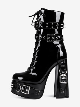 メンズ セクシー ブラック パテントレザー ブーツ レースアップ ボタン留め プラットフォームヒール アンクルブーツ