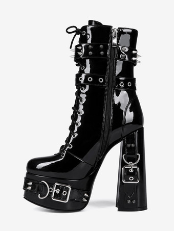 メンズ セクシー ブラック パテントレザー ブーツ レースアップ ボタン留め プラットフォームヒール アンクルブーツ