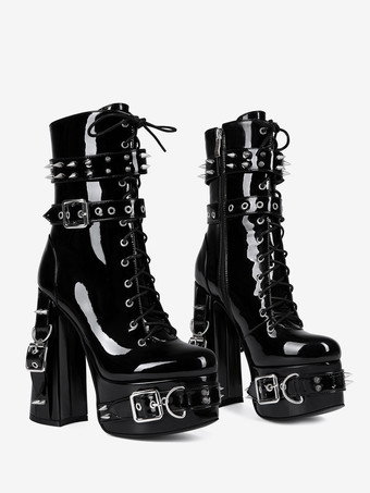 メンズ セクシー ブラック パテントレザー ブーツ レースアップ ボタン留め プラットフォームヒール アンクルブーツ