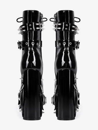 メンズ セクシー ブラック パテントレザー ブーツ レースアップ ボタン留め プラットフォームヒール アンクルブーツ