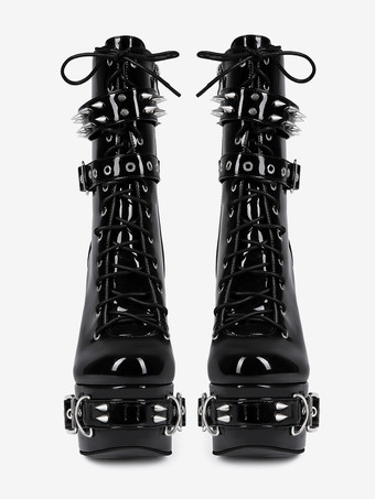 メンズ セクシー ブラック パテントレザー ブーツ レースアップ ボタン留め プラットフォームヒール アンクルブーツ