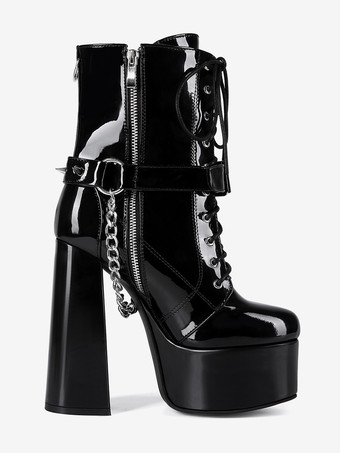 メンズ セクシー ブラック パテントレザー ブーツ レースアップ チェーンディテール プラットフォームヒール アンクルブーツ