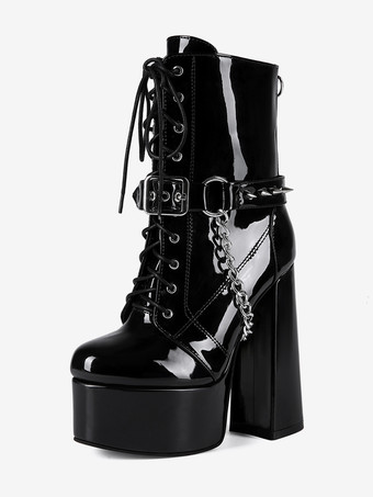 メンズ セクシー ブラック パテントレザー ブーツ レースアップ チェーンディテール プラットフォームヒール アンクルブーツ