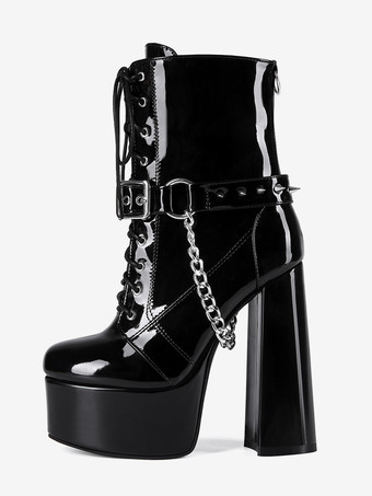 メンズ セクシー ブラック パテントレザー ブーツ レースアップ チェーンディテール プラットフォームヒール アンクルブーツ
