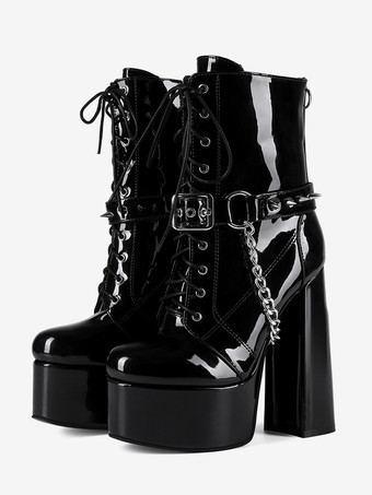 メンズ セクシー ブラック パテントレザー ブーツ レースアップ チェーンディテール プラットフォームヒール アンクルブーツ