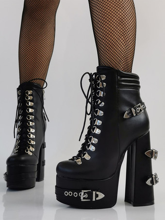 メンズ セクシー ブラック プラットフォームブーツ レースアップ メタルバックルディテール チャンキーヒール ゴシックファッション