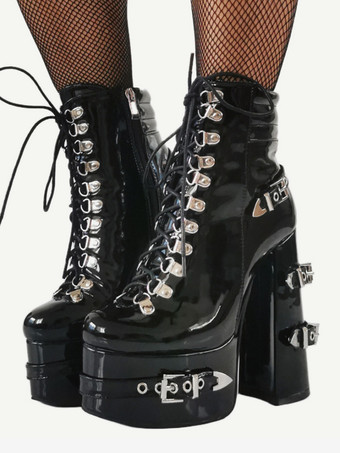 PUブラックメンズ セクシー ブラック プラットフォームブーツ レースアップ メタルバックルディテール チャンキーヒール ゴシックファッション