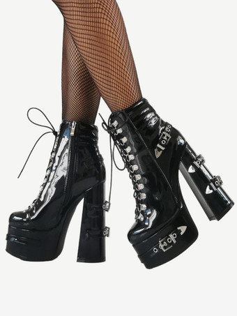 メンズ セクシー ブラック プラットフォームブーツ レースアップ メタルバックルディテール チャンキーヒール ゴシックファッション