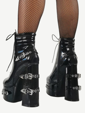 メンズ セクシー ブラック プラットフォームブーツ レースアップ メタルバックルディテール チャンキーヒール ゴシックファッション