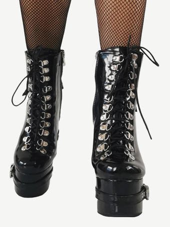 メンズ セクシー ブラック プラットフォームブーツ レースアップ メタルバックルディテール チャンキーヒール ゴシックファッション