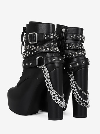 Sexy schwarze Herren-Lederstiefel mit Schnürung Kettendetail und Plateauabsatz