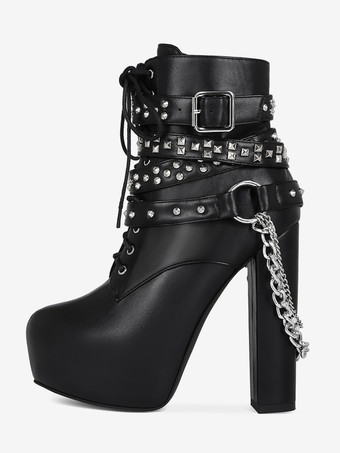 Sexy schwarze Herren-Lederstiefel mit Schnürung Kettendetail und Plateauabsatz