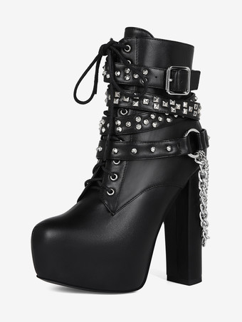 Sexy schwarze Herren-Lederstiefel mit Schnürung Kettendetail und Plateauabsatz