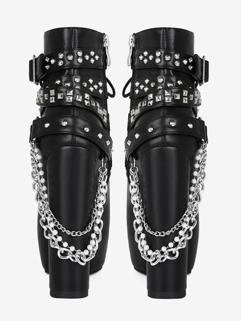 Sexy schwarze Herren-Lederstiefel mit Schnürung Kettendetail und Plateauabsatz