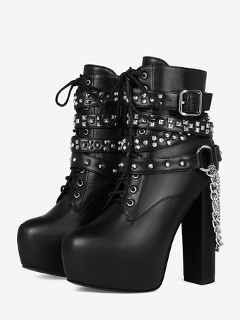 Sexy schwarze Herren-Lederstiefel mit Schnürung Kettendetail und Plateauabsatz