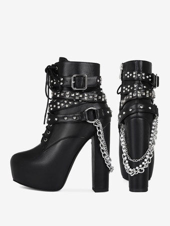 Sexy schwarze Herren-Lederstiefel mit Schnürung Kettendetail und Plateauabsatz