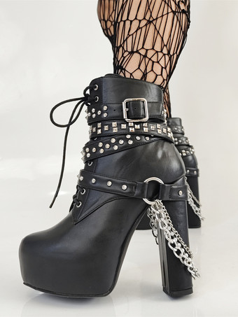 SchwarzSexy schwarze Herren-Lederstiefel mit Schnürung Kettendetail und Plateauabsatz