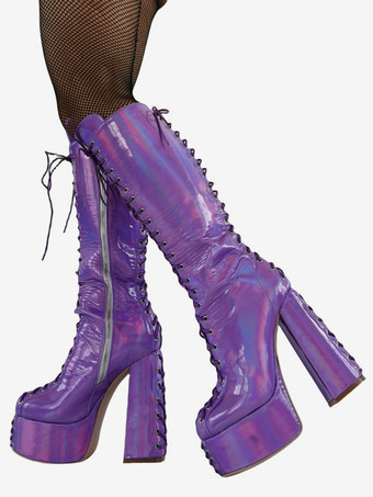 MoradoBotas altas hasta la rodilla para hombre sexis moradas metalizadas con plataforma cordones y tacón grueso.
