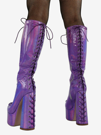 Botas altas hasta la rodilla para hombre sexis moradas metalizadas con plataforma cordones y tacón grueso.