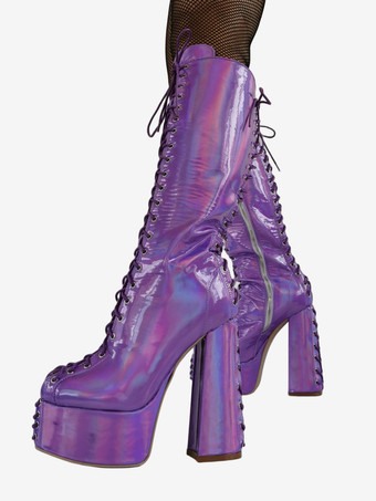 Botas altas hasta la rodilla para hombre sexis moradas metalizadas con plataforma cordones y tacón grueso.