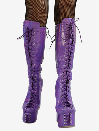 Botas altas hasta la rodilla para hombre sexis moradas metalizadas con plataforma cordones y tacón grueso.