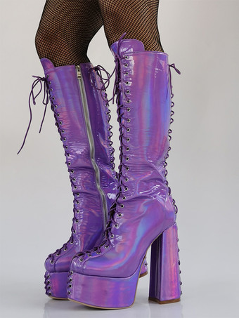 Botas altas hasta la rodilla para hombre sexis moradas metalizadas con plataforma cordones y tacón grueso.