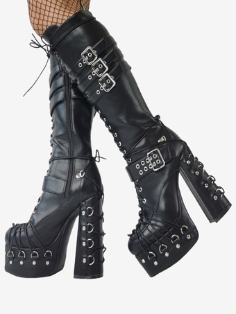 ブラック メンズ セクシー ブラック プラットフォームブーツ メタルボタンディテール チャンキーヒール シューズ ファッションステージ用
