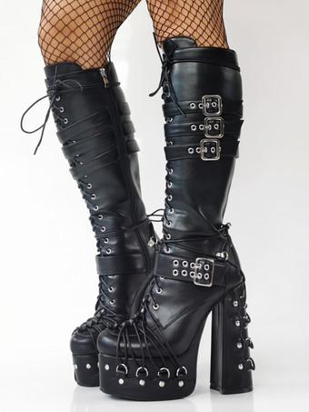 メンズ セクシー ブラック プラットフォームブーツ メタルボタンディテール チャンキーヒール シューズ ファッションステージ用