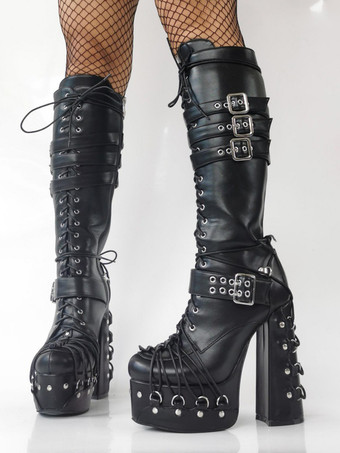 メンズ セクシー ブラック プラットフォームブーツ メタルボタンディテール チャンキーヒール シューズ ファッションステージ用