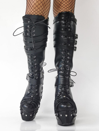 メンズ セクシー ブラック プラットフォームブーツ メタルボタンディテール チャンキーヒール シューズ ファッションステージ用