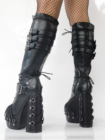 メンズ セクシー ブラック プラットフォームブーツ メタルボタンディテール チャンキーヒール シューズ ファッションステージ用