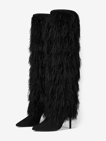 ブラック メンズ セクシー ブラック ファーブーツ ポインテッドトゥ ハイヒール 膝丈ブーツ プラッシュトリム付き