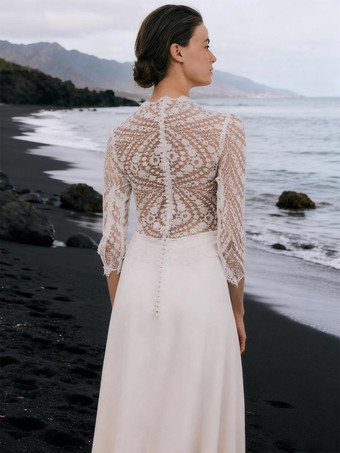 ビンテージ ウェディングドレス トレーン付き Vネック 七分袖 レース ブライダルドレス 自由なカスタマイズ