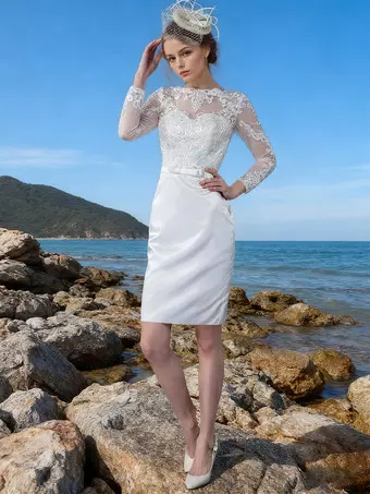 Vintage Wedding Dresses Jewel Long Sleeve Sheath Short Bridal Dress -  Milanoo.com