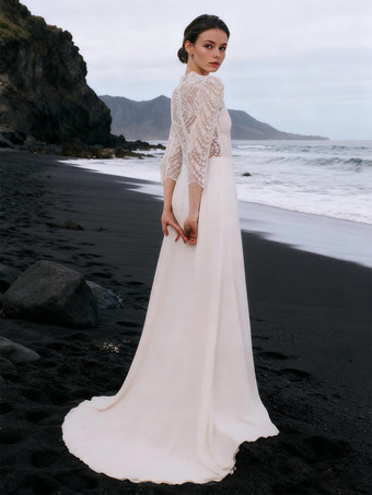 ビンテージ ウェディングドレス トレーン付き Vネック 七分袖 レース ブライダルドレス 自由なカスタマイズ