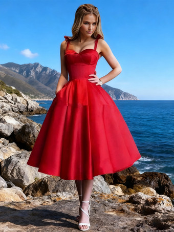 ヴィンテージのウェディングドレス1950年代の赤いウェディングドレスストラッププリーツブライダルドレス