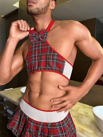 メンズ スクール セクシー コスチューム ミニスカート トップセット ポリエステル チェック柄 ナイトクラブウェア ランジェリー