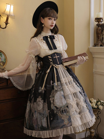 クラシカルロリータ3点セット コルセットウエストスカート＆シースルーブラウス＆キャミソールアンダーシャツコーデ