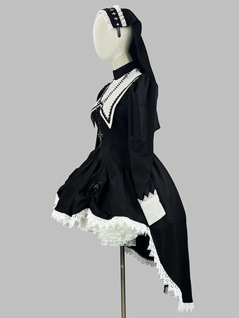 ゴシックロリータ修道女ドレス、ハイローヘムラインデザイン、ヘッドドレスアクセサリー付き