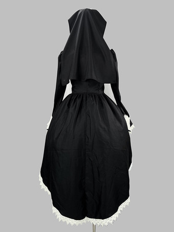 ゴシックロリータ修道女ドレス、ハイローヘムラインデザイン、ヘッドドレスアクセサリー付き