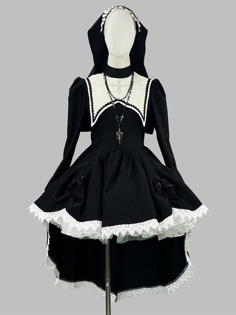 ゴシックロリータ修道女ドレス、ハイローヘムラインデザイン、ヘッドドレスアクセサリー付き