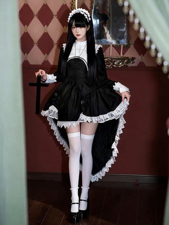 ゴシックロリータ修道女ドレス、ハイローヘムラインデザイン、ヘッドドレスアクセサリー付き